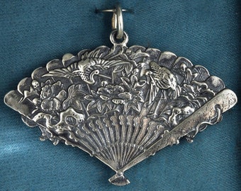 Large Fan with Cranes Sterling Silver Pendant