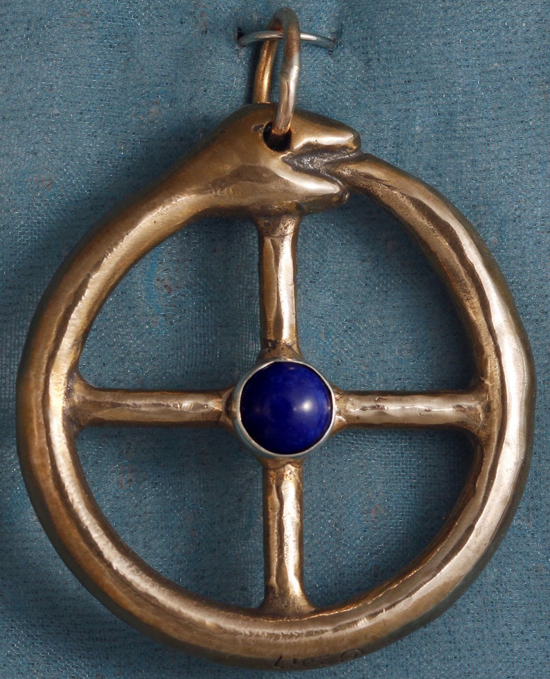 Large Ouroboros Jormungandr Midgard Serpent Snake Dragon Solar Sun Cross Bronze Pendant Set With a Lapis Lazuli