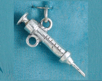 3D Syringe Sterling Silver Pendant Charm