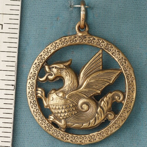 Large Round Wyvern Dragon Bronze Pendant