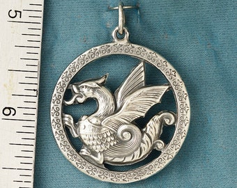 Large Round Wyvern Dragon Sterling Silver Pendant