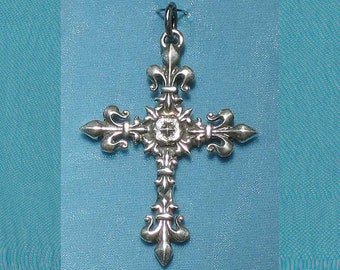 Large Ornate French Art Nouveau Victorian Fleur De Lis Cross Sterling Silver Pendant