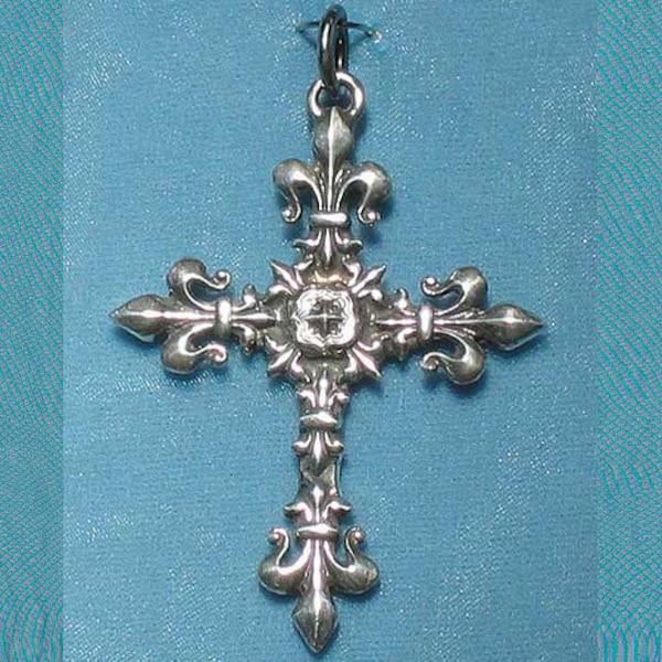 Large Ornate French Art Nouveau Victorian Fleur De Lis Cross Sterling Silver Pendant