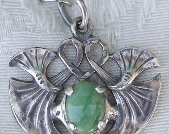 Art Nouveau Papyrus Lotus Gingko Leaf Sterling Silver Pendant Set with Jade