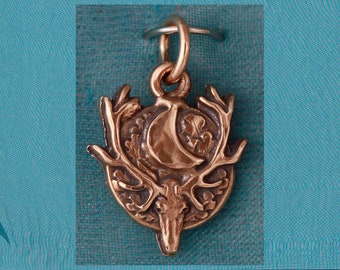 Small Stag With Crescent Moon Bronze Pendant Charm
