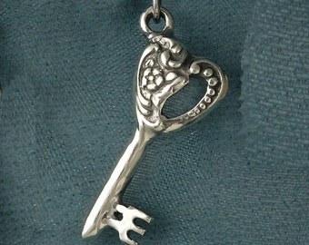 Romantic Small Heart Shaped Key Sterling Silver Pendant Charm