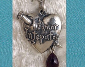 Large Vampire Pierced Heart Sterling Silver Pendant Set With a Garnet Drop