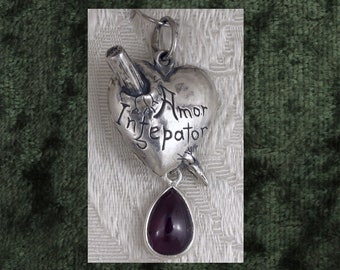 Small Vampire Pierced Heart Sterling Silver With Garnet Drop Pendant Charm