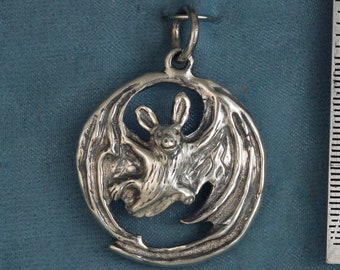 Flying Bat Round Sterling Silver Pendant Charm