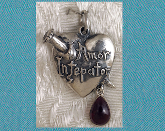 Large Vampire Pierced Heart Sterling Silver Pendant Set With a Garnet Drop