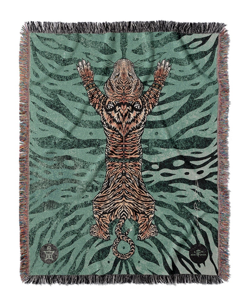 May include: A woven tapestry featuring a tiger with a green and brown striped background. The tiger is depicted in a standing position with its arms raised above its head.