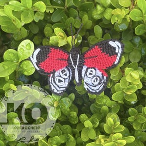 May include: A handmade crochet butterfly with red, black, white, and gray details. The butterfly is set against a backdrop of green leaves. The wings feature intricate patterns and the text "KO CROCHETO" is visible.