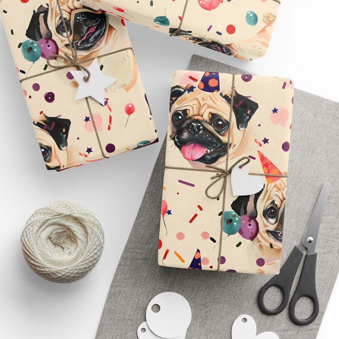Pug Wrapping Paper - Cute Birthday Design, High-quality 90gsm, Matte or ...