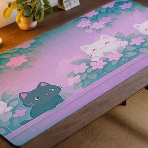 Kawaii Lofi Desk Mat, Kawaii Cats in the Rain Mousepad, Kawaii Purple Desk Mat, Gaming Mouse Pad Deskpad, Cute Desk Mat, Cute Gaming Setup