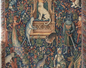 Woven Cat Tapestry Blanket, Medieval Fantasy Court Throw, Cottagecore Wall Art