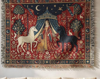 Lady and Unicorn Cat Tapestry Blanket, Medieval Unicorn Woven Throw, Fantasy Cat Tapestry, Millefleurs Gothic Decor.