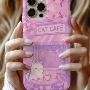 Pastel Cat Cafe telefoonhoesje schattig gezellig esthetisch iPhone Samsung Cover kawaii coffeeshop kattenliefhebber cadeau zacht Cottagecore roze kunst