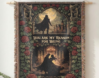 Dracula Love Story Woven Blanket, Gothic Vampire Castle Rose Tapestry Throw