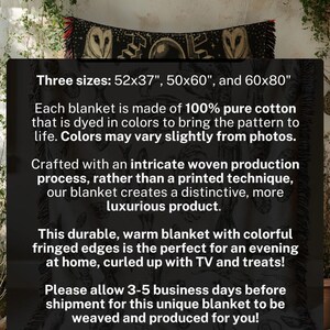 May include: A black and white woven cotton blanket with fringed edges. The blanket features an owl and celestial design. Available in three sizes: 52x37 inches, 50x60 inches, and 60x80 inches. The text on the image says: "Three sizes: 52x37", 50x60", and 60x80""