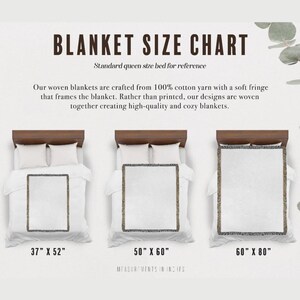 May include: A blanket size chart displays three woven blankets on beds, with measurements in inches. The blankets have a soft fringe and are available in sizes 37" x 52", 50" x 60", and 60" x 80". The text reads "BLANKET SIZE CHART".