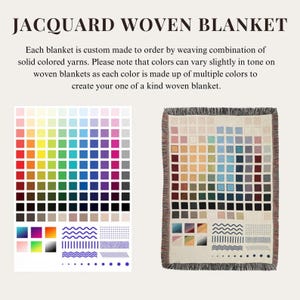 May include: A woven blanket with a color palette design. The blanket features a grid of various colors, from light pastels to dark hues. The text "JACQUARD WOVEN BLANKET" is at the top, with additional text below describing the product.