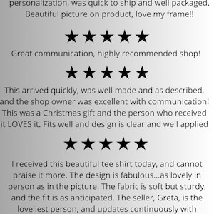 May include: Image features customer reviews with star ratings. Text includes phrases like "Great communication," "well packaged," and "beautiful tee shirt." The reviews praise the product quality, seller communication, and shipping speed.