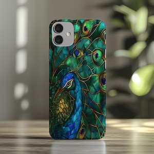 Telefoonhoesje met gebrandschilderd glas-mozaïek Peacock | MagSafe | iPhone 16, 15, 14, 13, 12, 11, SE | Pro Max Plus Mini | cadeau voor haar | cadeau voor hem