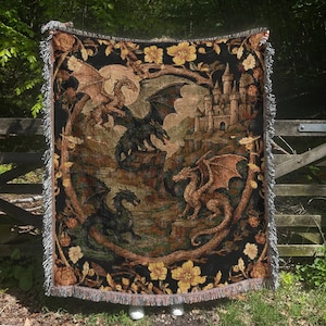 Tapestry feel Enchanted Fantasy River Woven Blanket 100% Cotton with Fringe Magical Castles and dragons Landscape Throw Cottagecore Tapestry