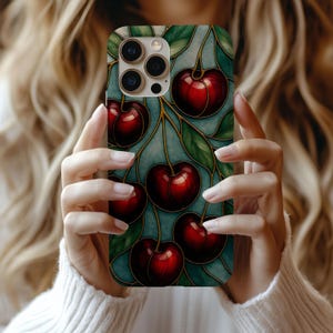 Antique cherry Stained Glass Style Phone Case cherries Floral Artful Aesthetic Vintage Gift Iphone 13 14 15 16 Casing Tough Phone Cases