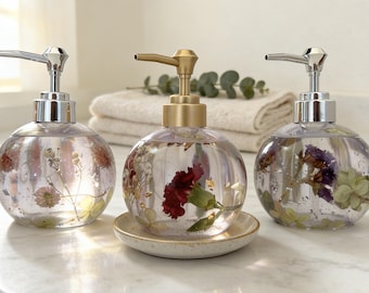 Handmade Epoxy Resin Soar or Lotion Dispensers with Real Flowers & Gold / Silver Leaf
