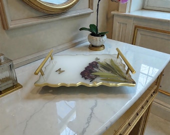 Handmade Resin Tray, Real Flower Epoxy Tray with Gold Leaf, Decorative Tray, 12x7 in
