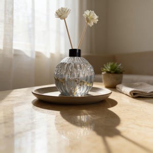 Op de afbeelding: Een heldere, bolvormige glazen diffuserfles met een gestructureerd, geribbeld oppervlak en een zwarte dop. Twee houten rietjes, elk bekroond met een witte, bloemvormige diffuser, zijn in de fles geplaatst die op een rond dienblad staat.