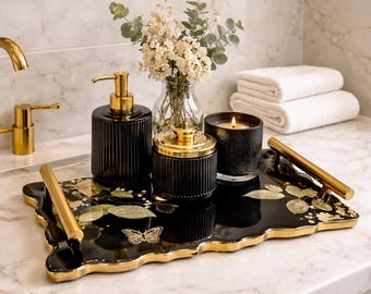 Handmade Resin Tray, Real Flower Epoxy Tray with Gold Leaf, Decorative Tray, 12x7 in