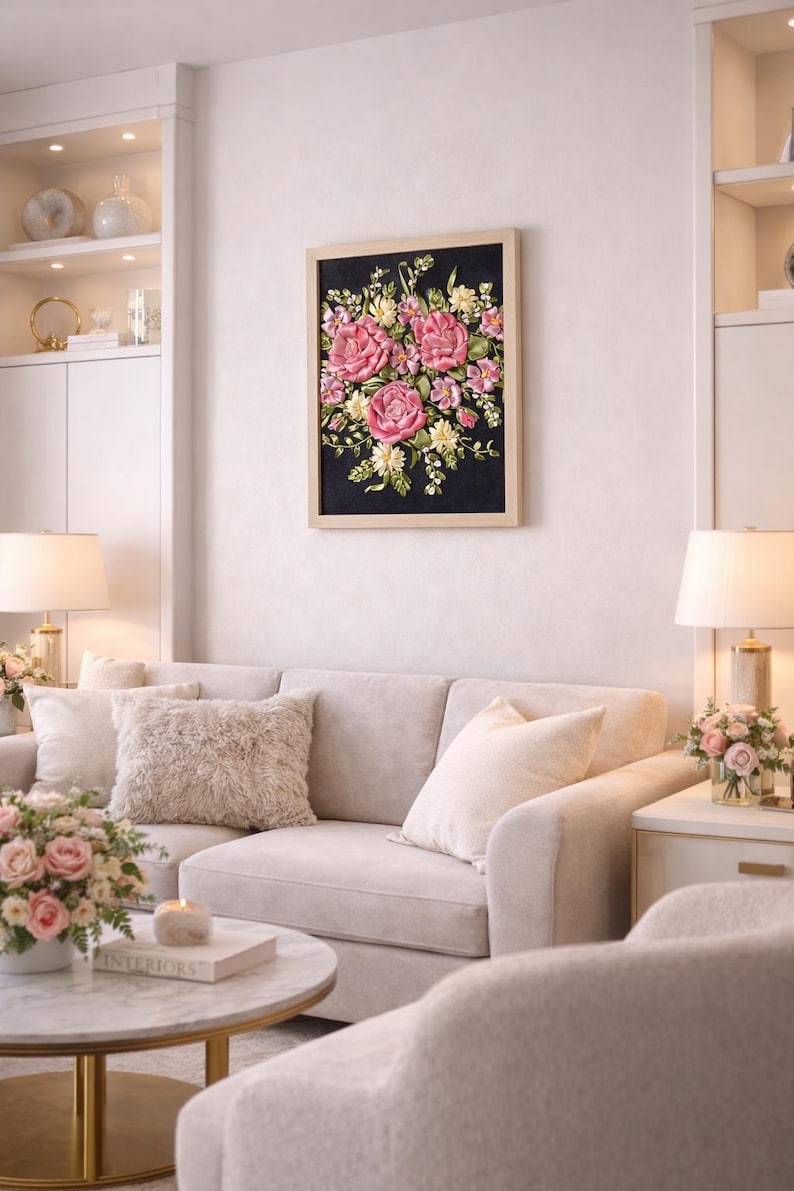 Handmade Silk Ribbon Embroidery Wall Art - Floral Bouquet / Wall Decor ...