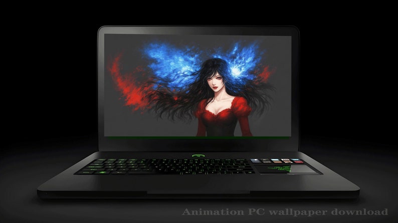 May include: A black laptop computer with a green backlit keyboard and a touchpad. The screen displays an animated wallpaper of a woman with long black hair and a red dress, surrounded by blue and red flames.