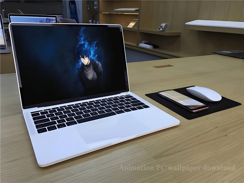 May include: A white laptop computer with a black keyboard and trackpad. The laptop screen displays an anime-style wallpaper featuring a blue-haired character with blue flames in the background. The laptop is on a wooden desk with a black mousepad, a white wireless mouse, and a smartphone.