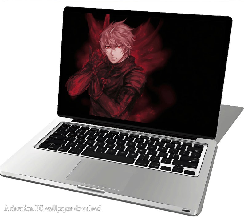 May include: A silver laptop computer with a black keyboard and trackpad. The screen displays an anime-style image of a young man with pink hair in a red and black outfit.