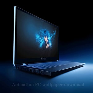 Pode incluir: Um laptop azul com uma tela preta exibindo um personagem de anime com cabelo azul e um fundo de chamas azuis. O laptop está aberto e o teclado é visível. O texto "Animation PC wallpaper download" é exibido abaixo do laptop.