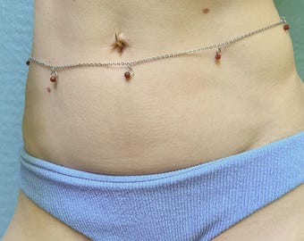 Belly Chain with Red Stones, Beaded Waist Chain, Waterproof Boho Body Jewelry Bikini Chain, Non Tarnish Stainless Steel