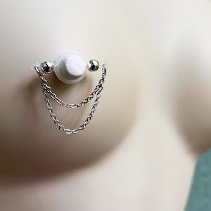 Silver Nipple Chain Non-Piercing, Fake Nipple Piercing, Intimate Jewelry, Silver Barbell Nipple Jewelry, Anniversary Gift for Her, Mature