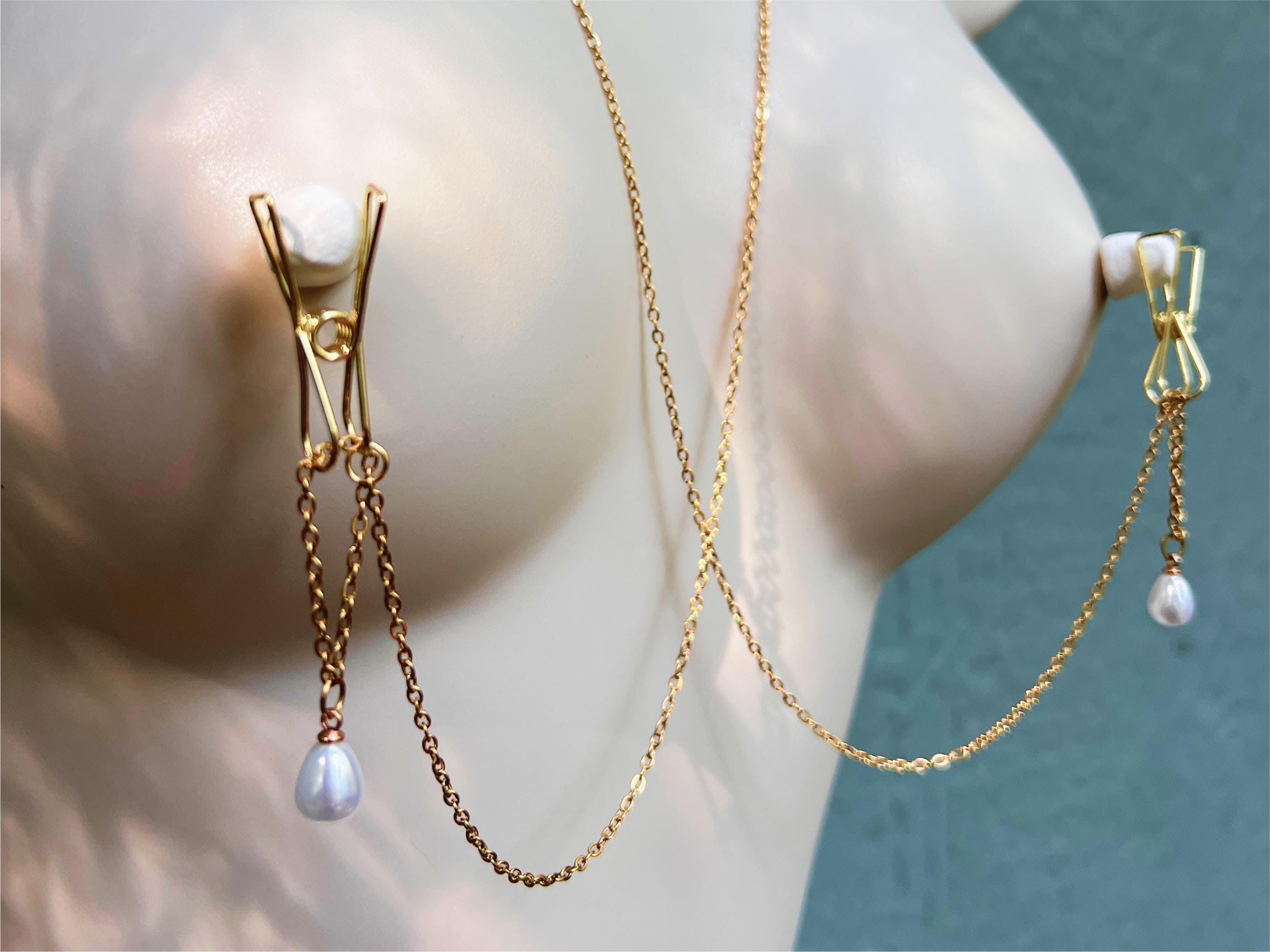 Dainty Nipple Clamps with Chain Pearls, Body Chain to Nipple Jewelry, BDSM Gift for Her, Intimate Jewelry, Sexy Nipple Clamp Chain Lingerie