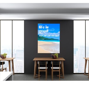 May include: A motivational quote, "life is good JUST THE WAY YOU ARE!" is displayed on a blue background with a beach scene. The quote is in white text with a retro font.