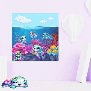 May include: A colourful illustration of a group of cartoon turtles swimming in the ocean. The turtles are all different colours and have big, happy eyes. There are coral reefs and other sea life in the background.