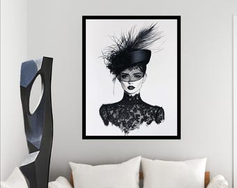 Modern Portrait of Elegant Lady, Monochrome Wall Art, Black and White Designer Poster, Elegant Female, Instant Print, Modern Art
