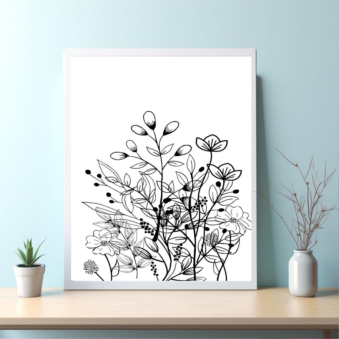Black and White Botanical Wall Art, Living Room Decor, Bedroom Line Art ...
