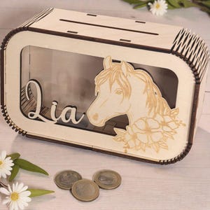 Tirelire personnalisée en forme de cheval avec prénom, tirelire, cadeau d'anniversaire, de naissance, de baptême, sur le thème de l'équitation, pour fille