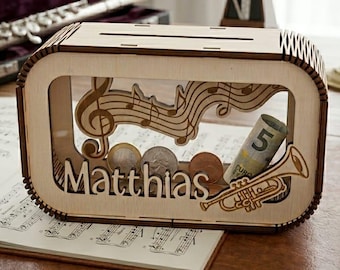 Personalized wooden music money box with name & desired instrument – Handmade money gift for musicians, bands, music students