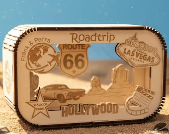 Personalized travel money box with name, money gift, piggy bank, birthday present, housewarming gift, Hollywood, Las Vegas, America