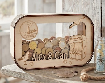 Personalized travel money box, money gift, piggy bank, birthday present for girlfriend or wife, housewarming gift for Baltic Sea, North Sea, Rügen, Sylt