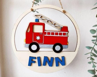 Feuerwehr Türschild personalisiert fürs Kinderzimmer, gefertigt in Wunschfarben, Feuerwehrauto, Geschenk Taufe, Geburt, Namensschild, Truck